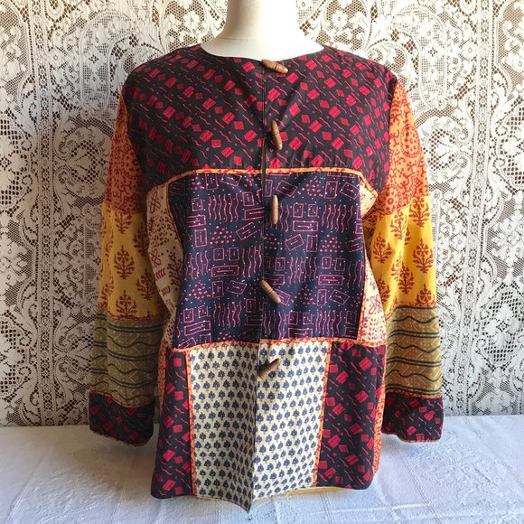 Patchwork Cotton Loose Fitting Boho Top 44 Bust - Picture 1 of 8